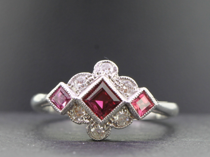 Pretty art deco inspired ruby and diamond platinum ring