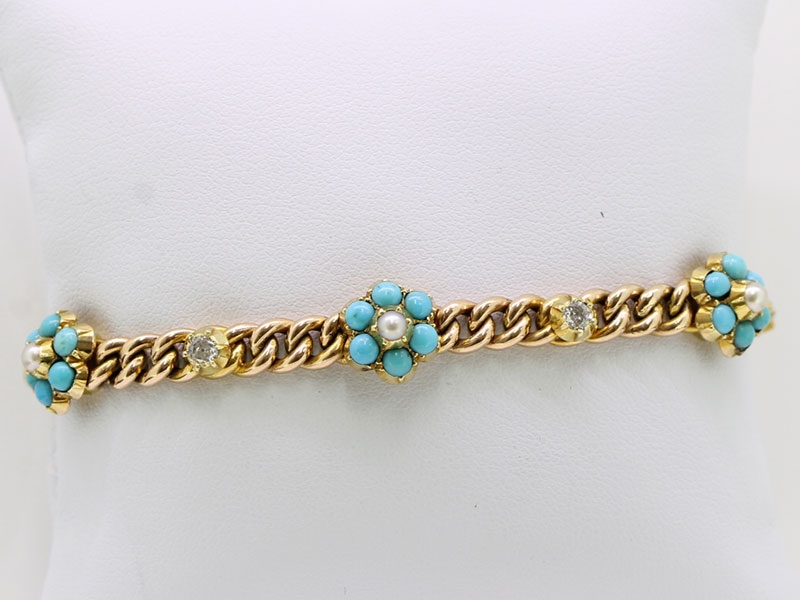 Stunning edwardian turquoise, pearl and diamond 15 carat gold bracelet