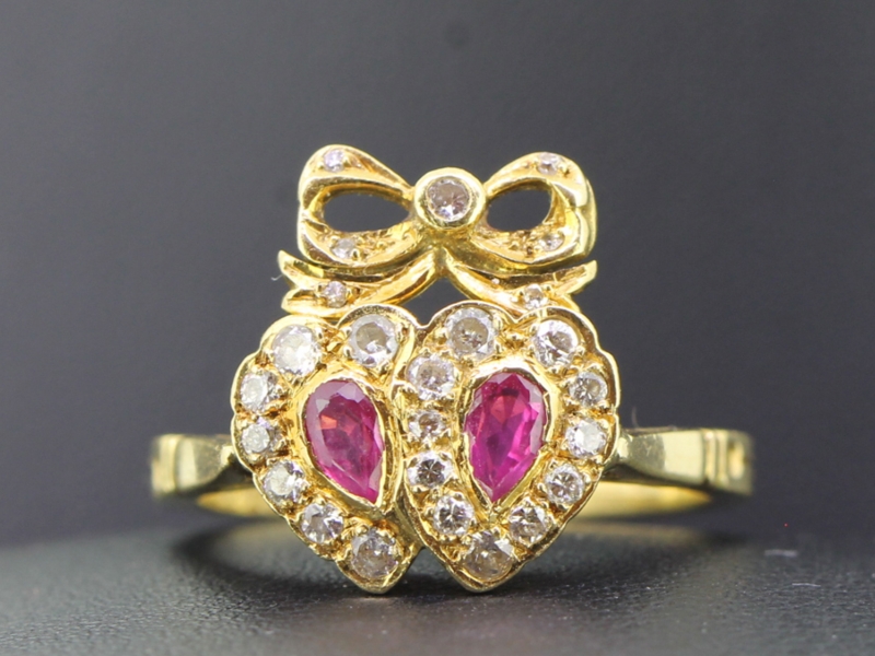 Romantic ruby and diamond double heart 18 carat gold ring