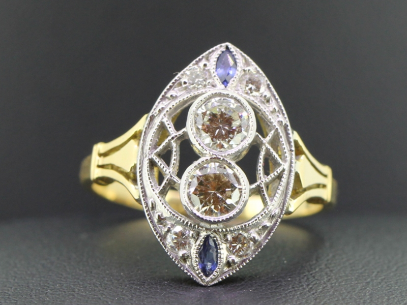 Wonderful nevette art deco inspired diamond and sapphire 18 carat gold ring