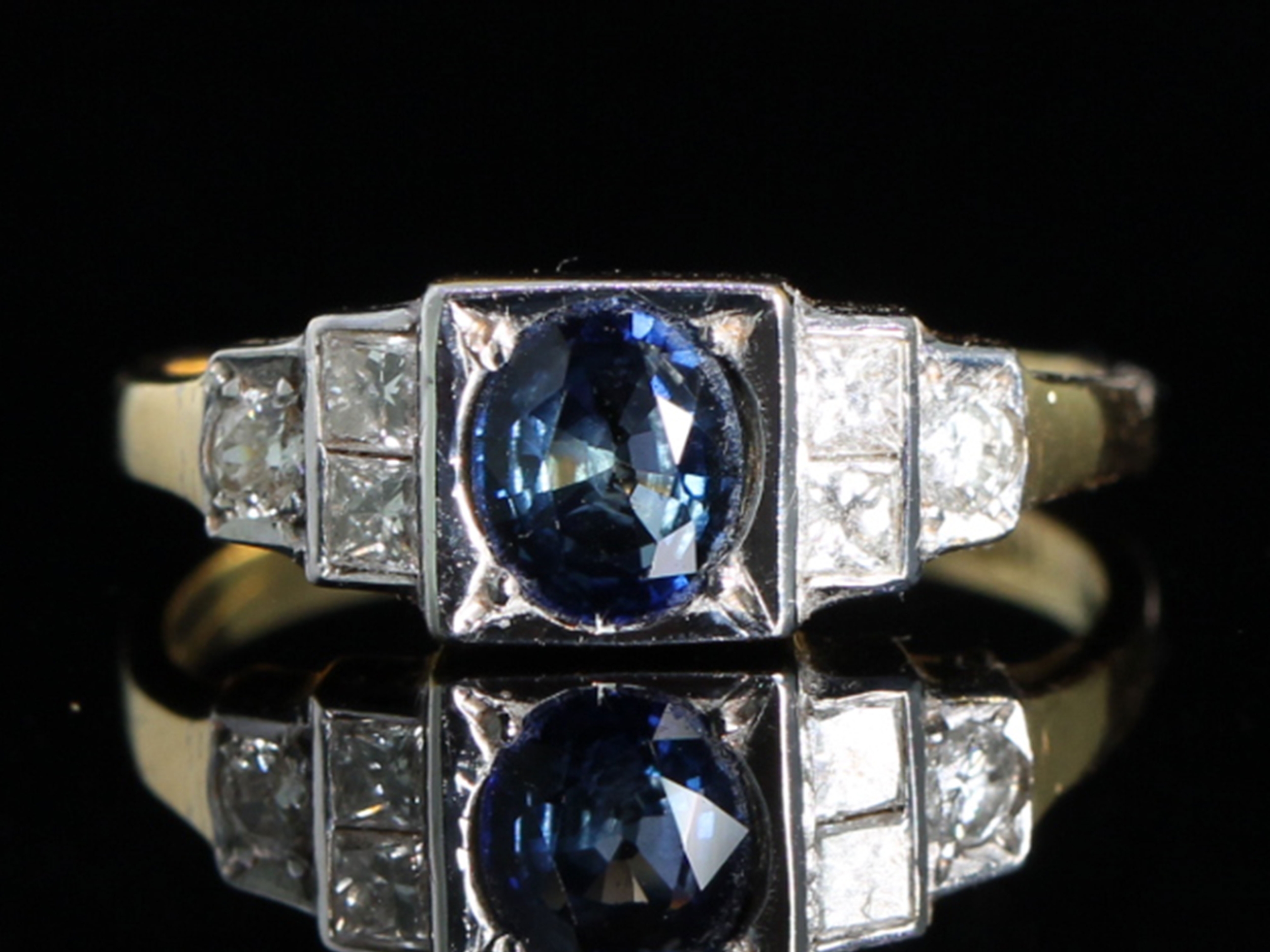 Art deco inspired sapphire and diamond 18ct gold ring