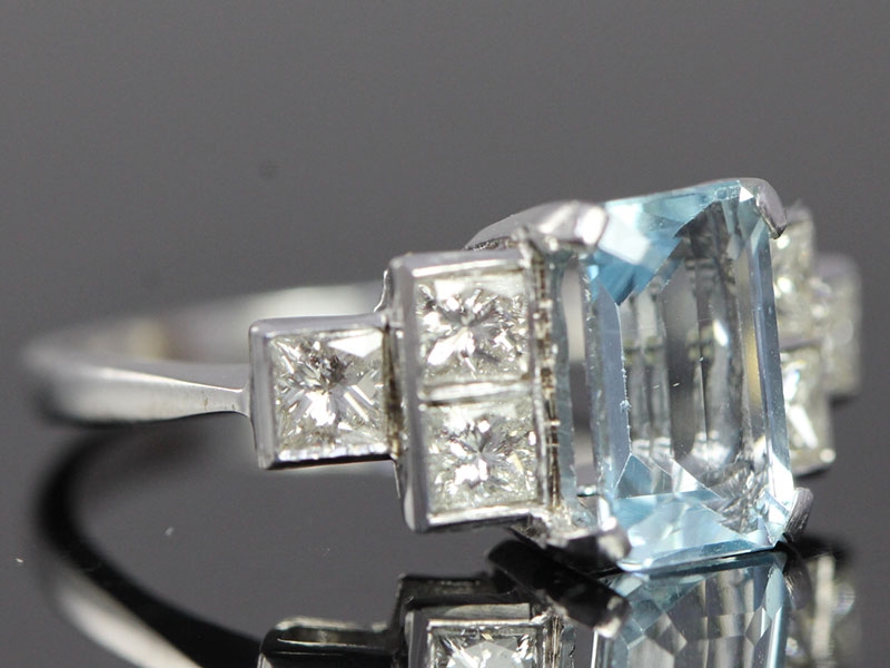 Beautiful aquamarine and diamond art deco inspired 18 carat gold ring