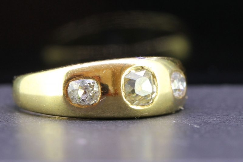 Fabulous edwardian three stone diamond gypsy 18 carat gold ring