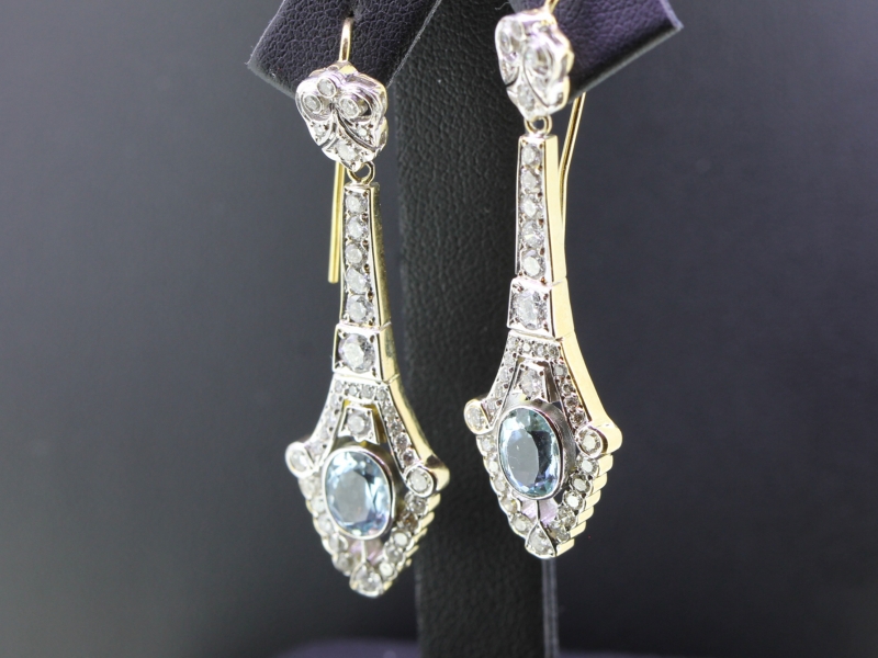 Exceptional art deco inspired aquamarine and diamond long drop 18 carat gold earrings
