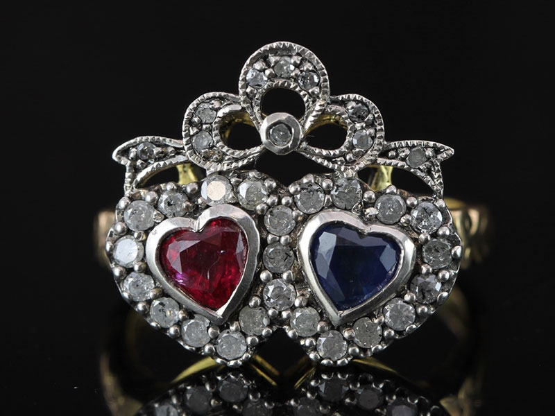 Gorgeous victorian inspired ruby, sapphire and diamond 18 carat gold ring 