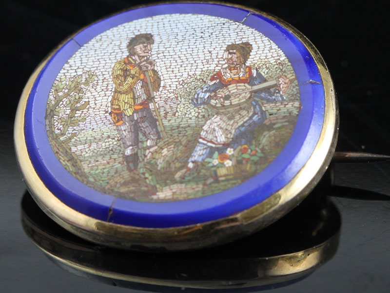 Early antique micro maosaic featuring two lovers in national dress