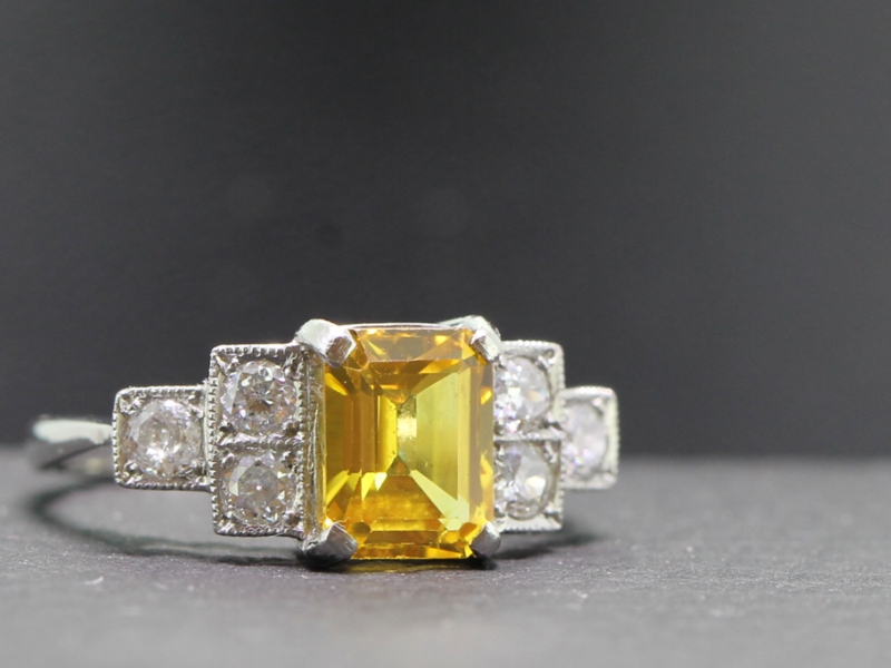Breathtaking yellow sapphire and diamond platinum art deco inspired ring