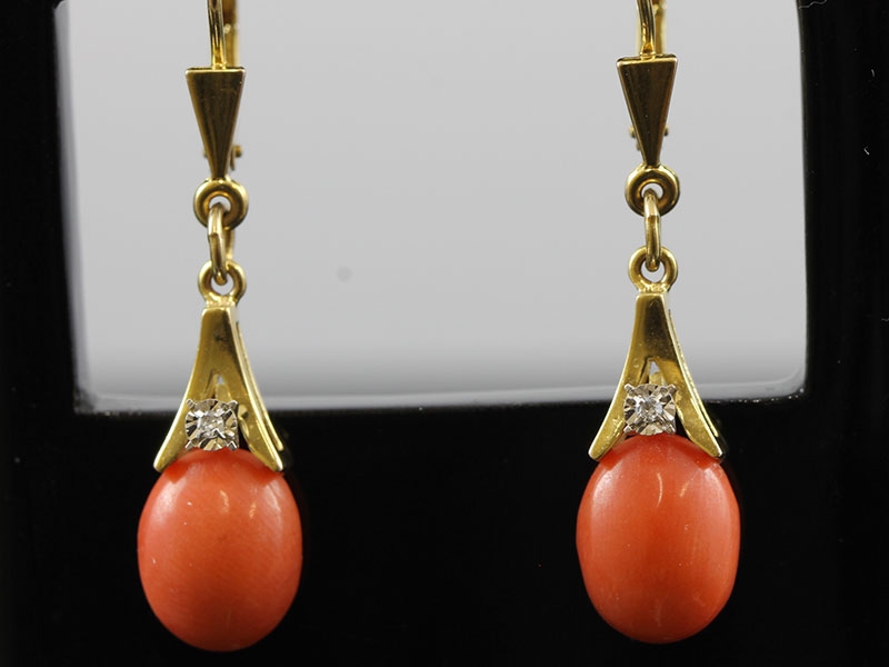 Stunning pair of natural coral and diamond 9 carat gold earrings