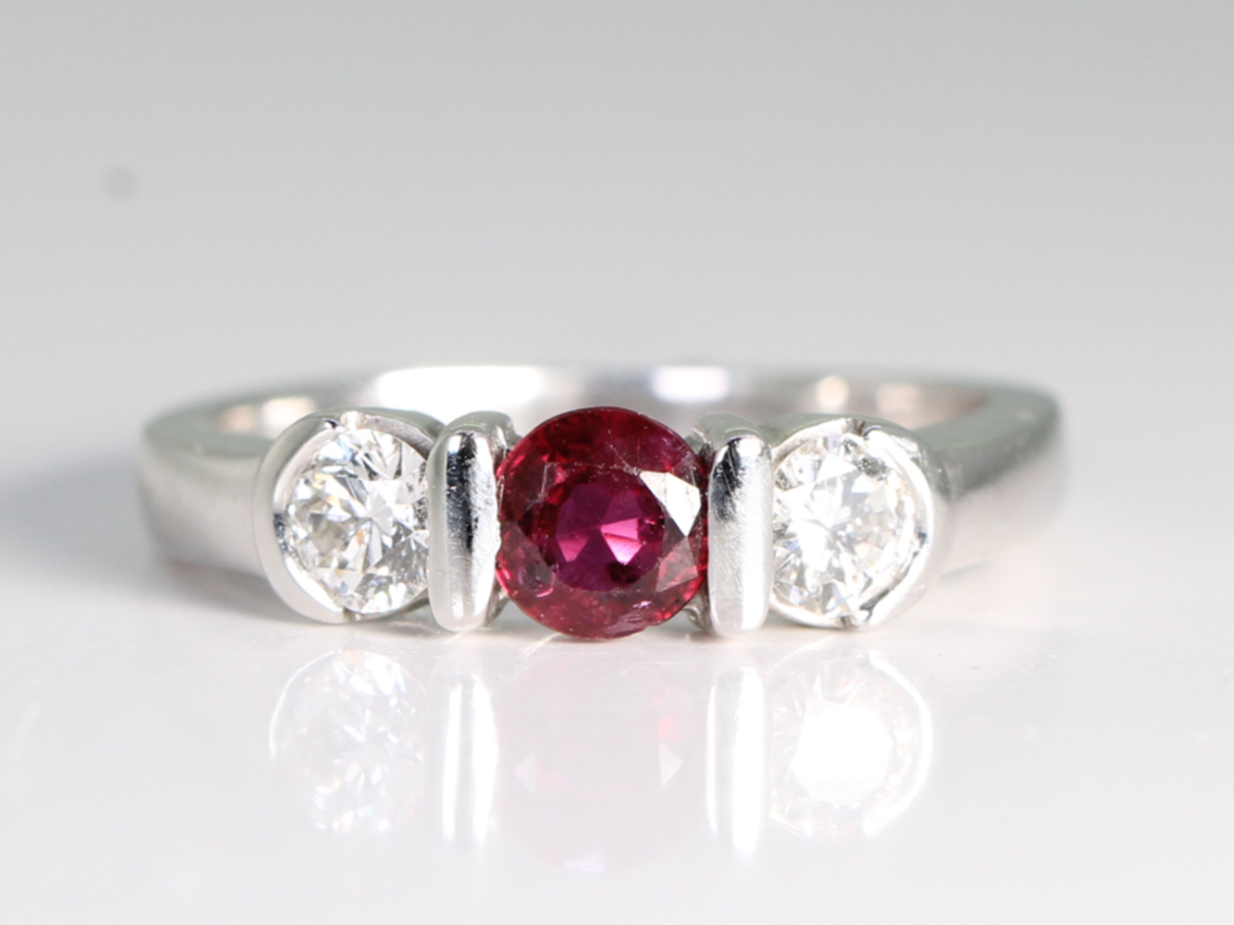 Vintage natural ruby and diamond 18ct gold trilogy ring