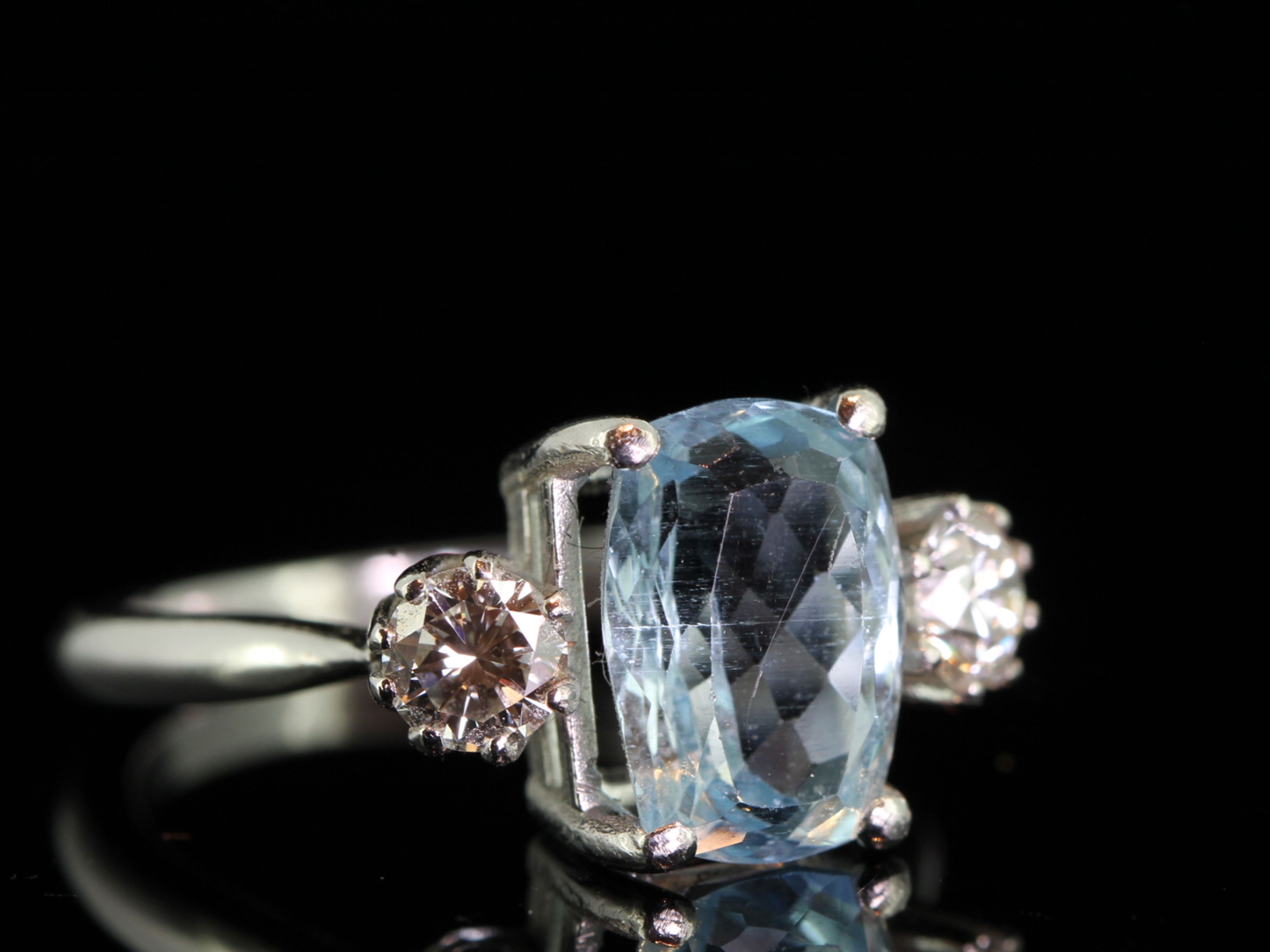 Stunning aquamarine and diamond platinum trilogy ring