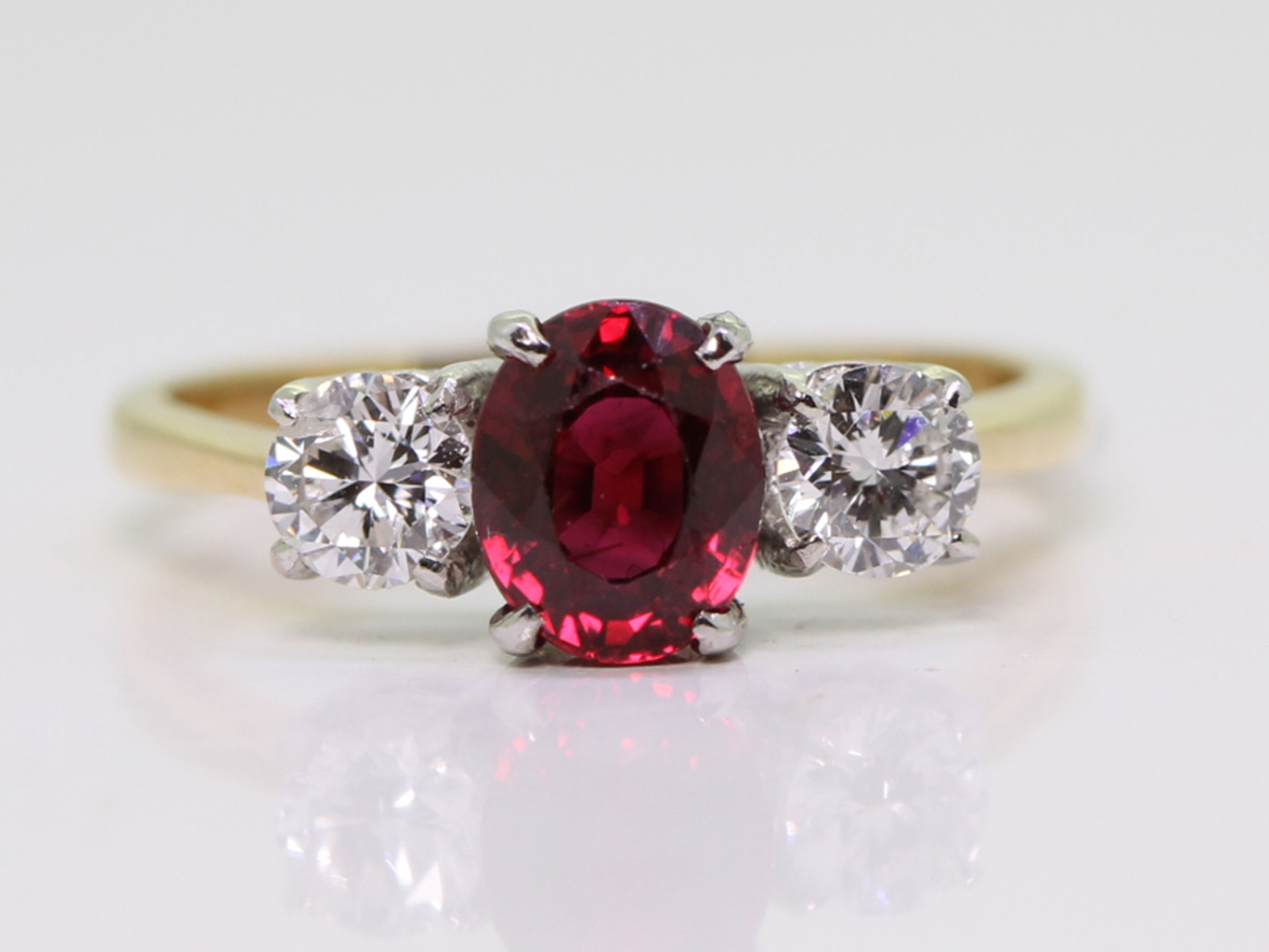Vintage burmese ruby and diamond 18ct gold trilogy ring