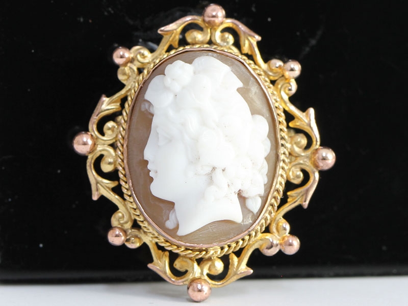 Quality bullmouth shell 9 carat gold cameo brooch/pendant of a lady