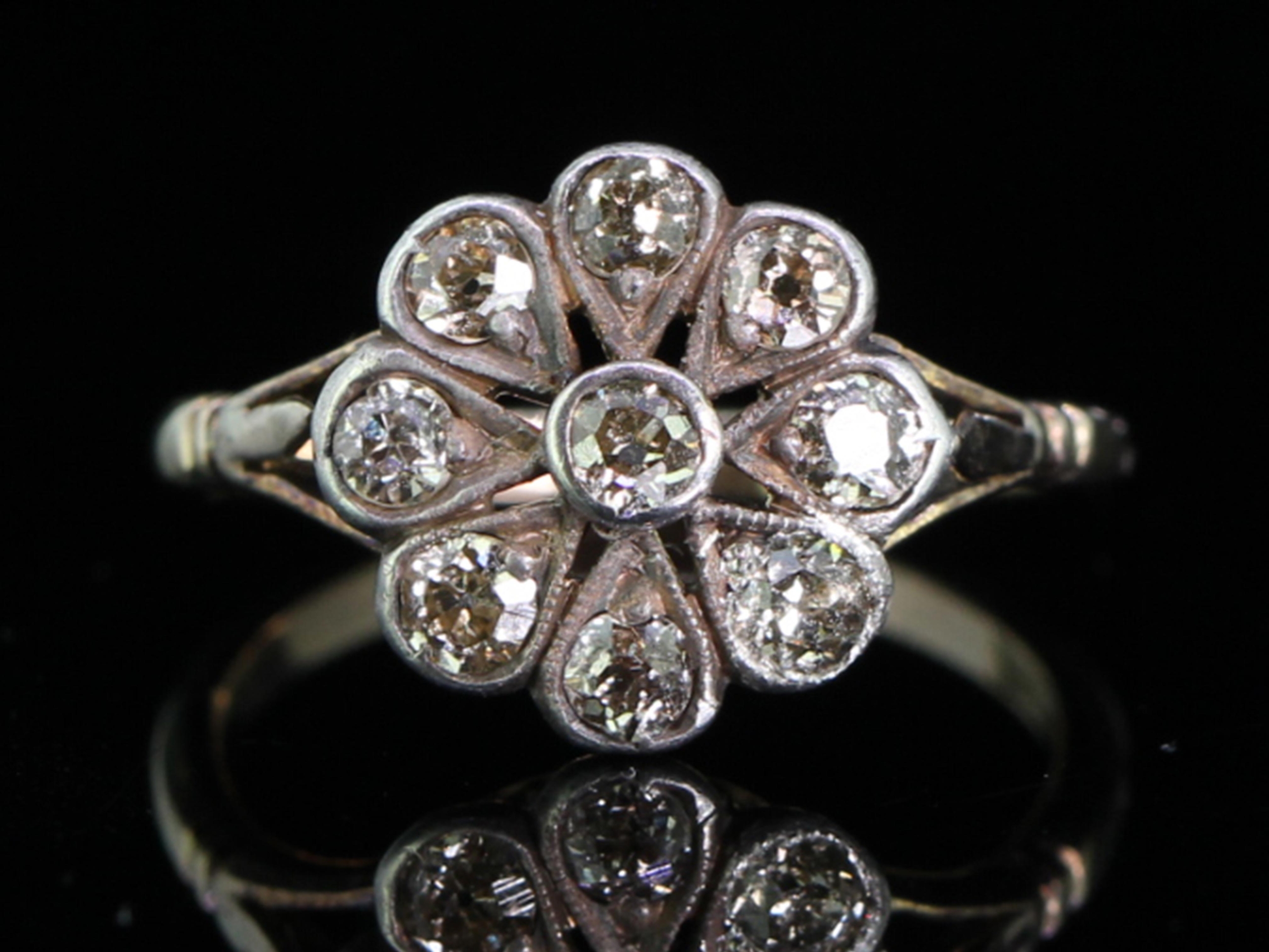 Beautiful early victorian cinnamon diamond daisy 9 carat gold ring