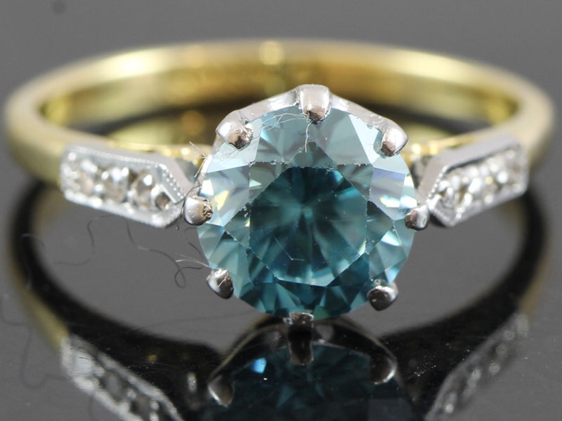 Fabulous blue zircon and diamond 18 carat gold ring