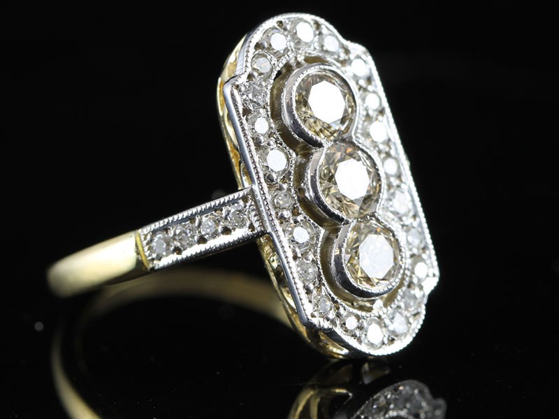 Stunning art deco inspired champagne diamond 18 carat gold ring
