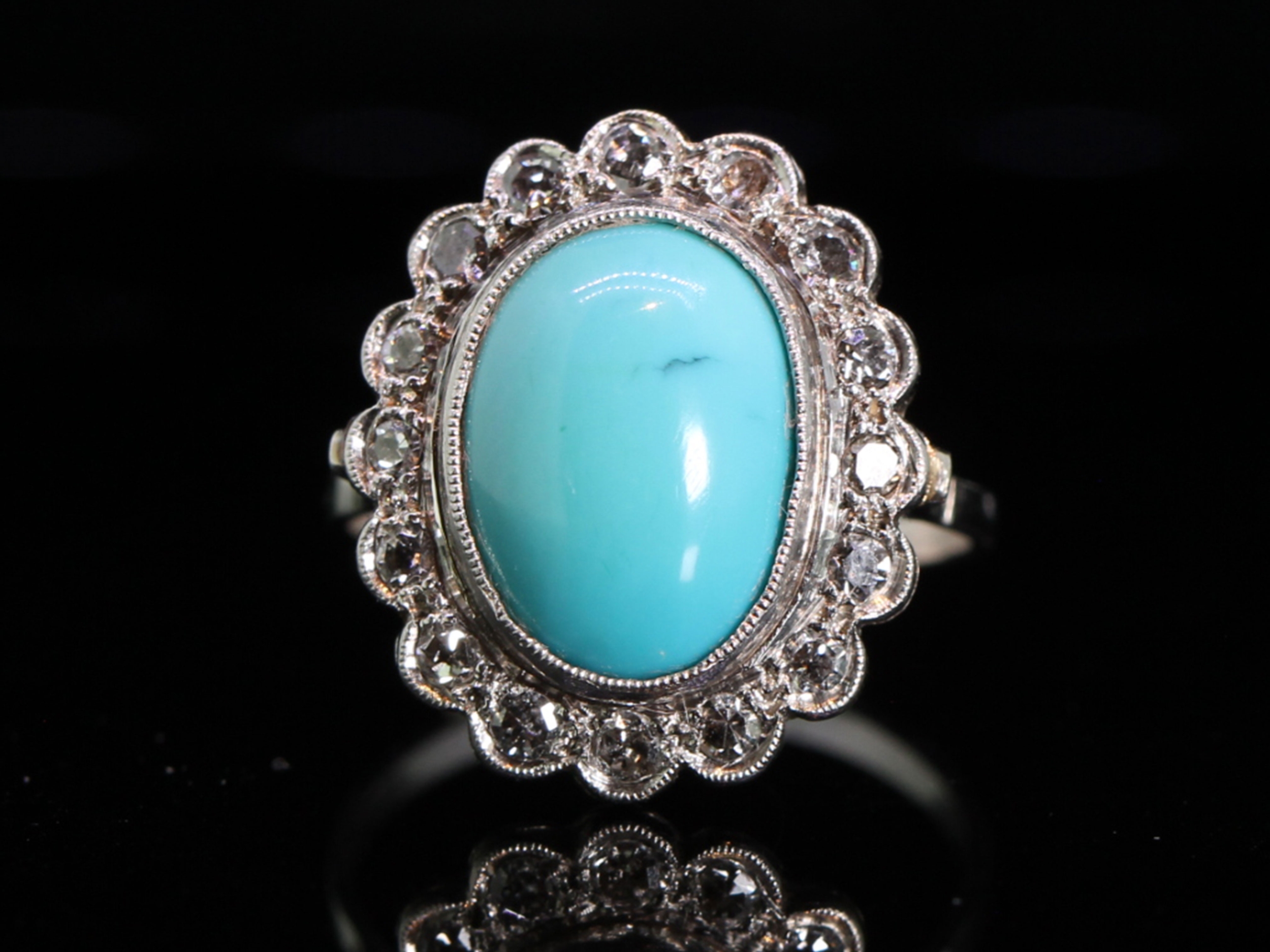 Wonderful 1920s turquoise and diamond platinum cluster ring	