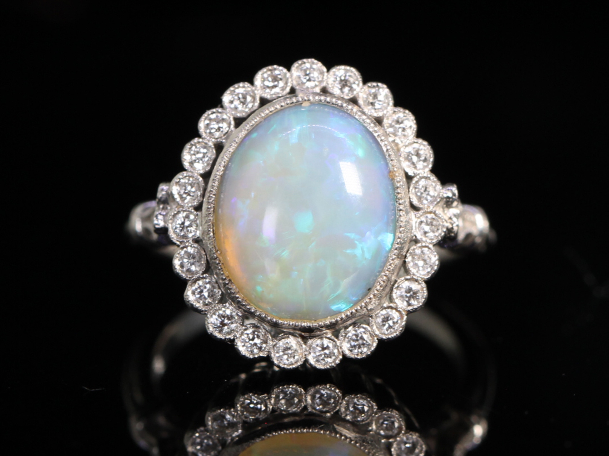 Vintage 3ct australian opal and diamond cluster platinum ring