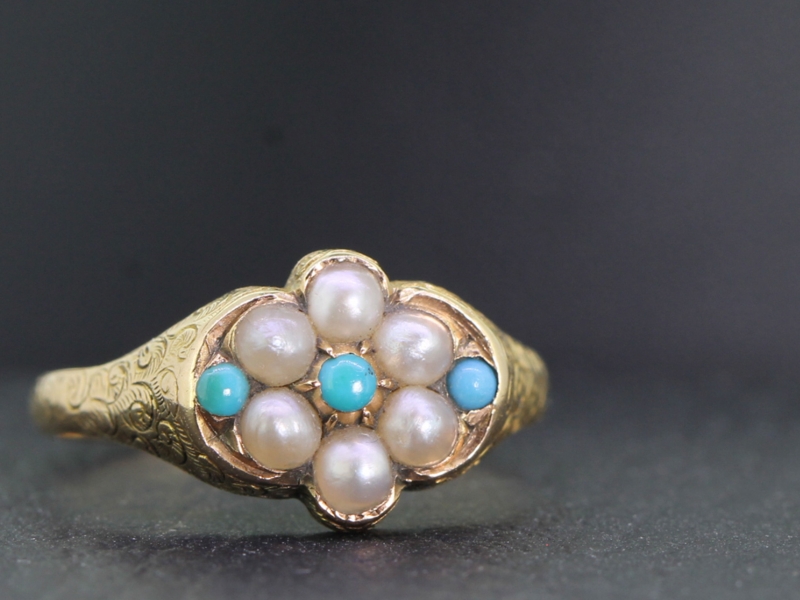  beautiful victorian turquoise and pearl 18 carat gold ring