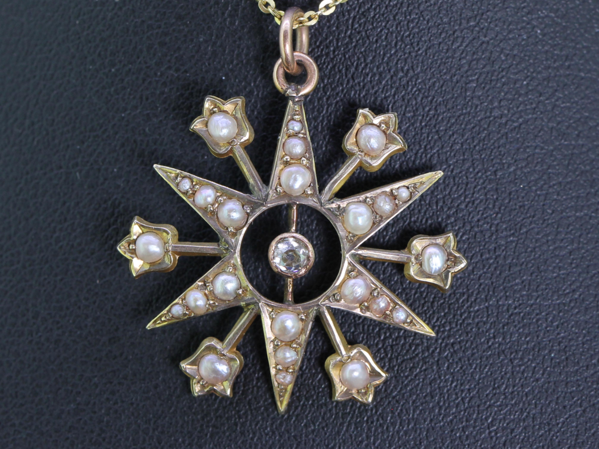 Wonderful victorian snowflake diamond and pearl 9 carat gold pendant   