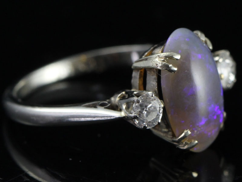  wonderful 2 carat phantom black opal and diamond 18 carat gold trilogy ring