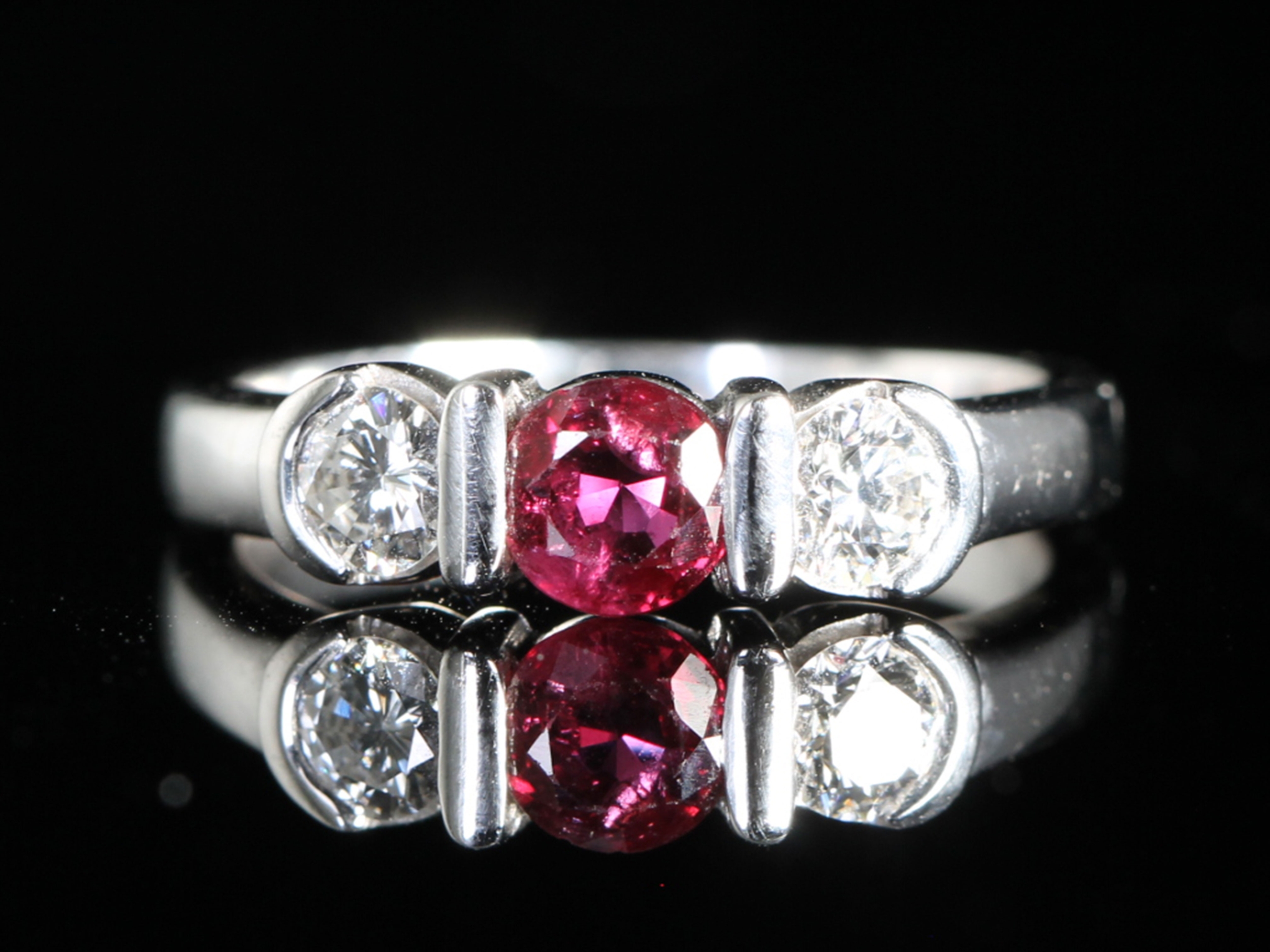 Vintage natural ruby and diamond 18ct gold trilogy ring
