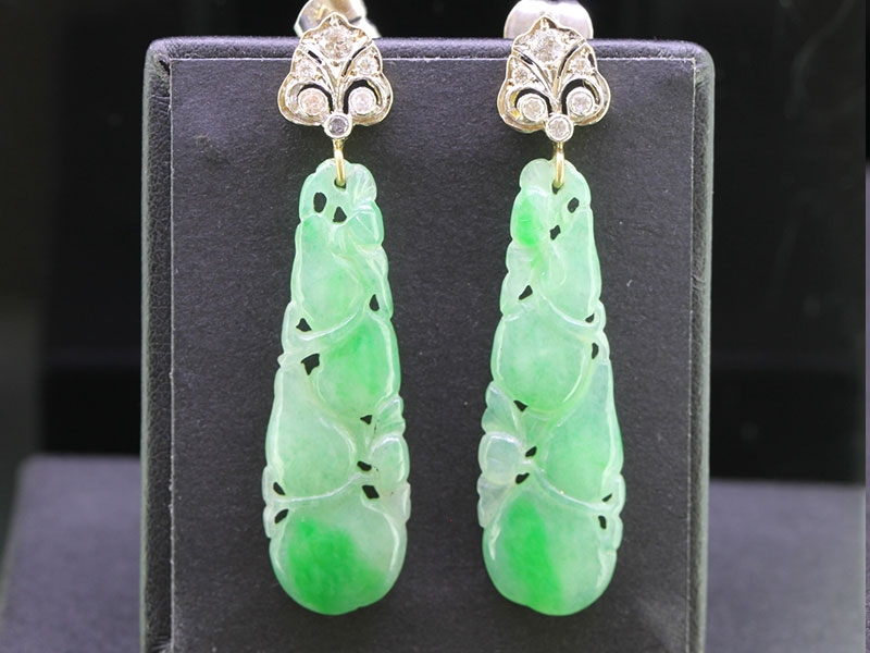 Beautiful jadeite carved 18 carat gold and diamond drop earrings