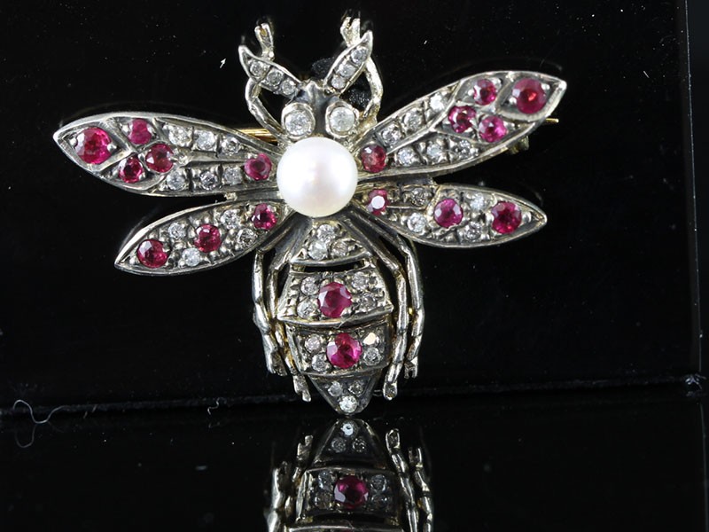 Fabulous natural ruby, pearl and diamond butterfly silver/gold brooch