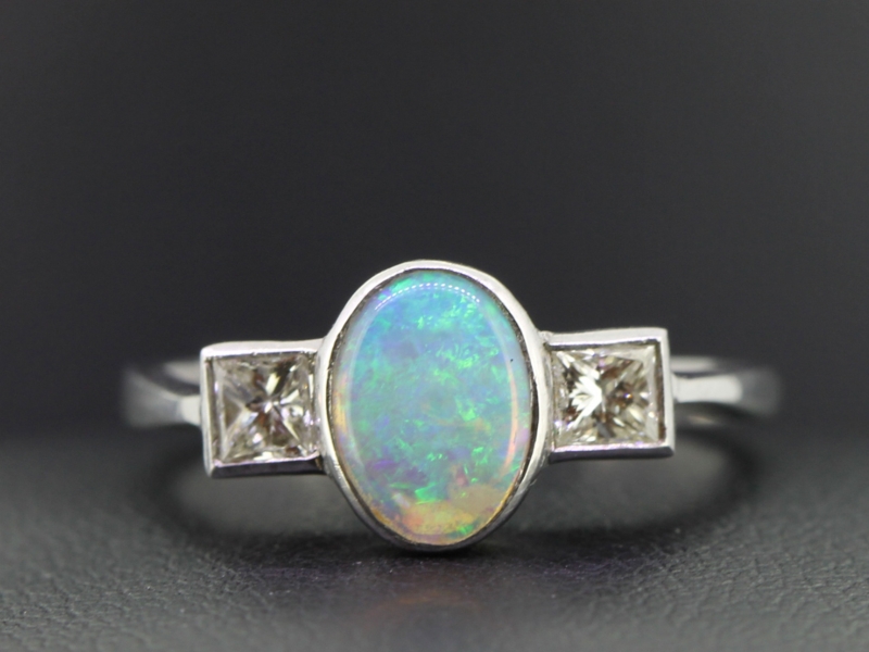 Wonderful art deco inspired opal and diamond 18 carat gold ring