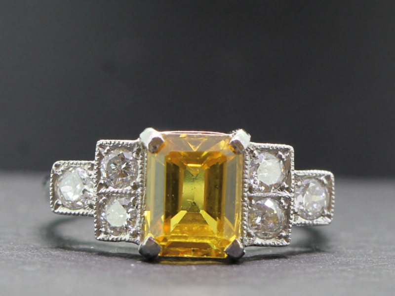 Breathtaking yellow sapphire and diamond platinum art deco inspired ring