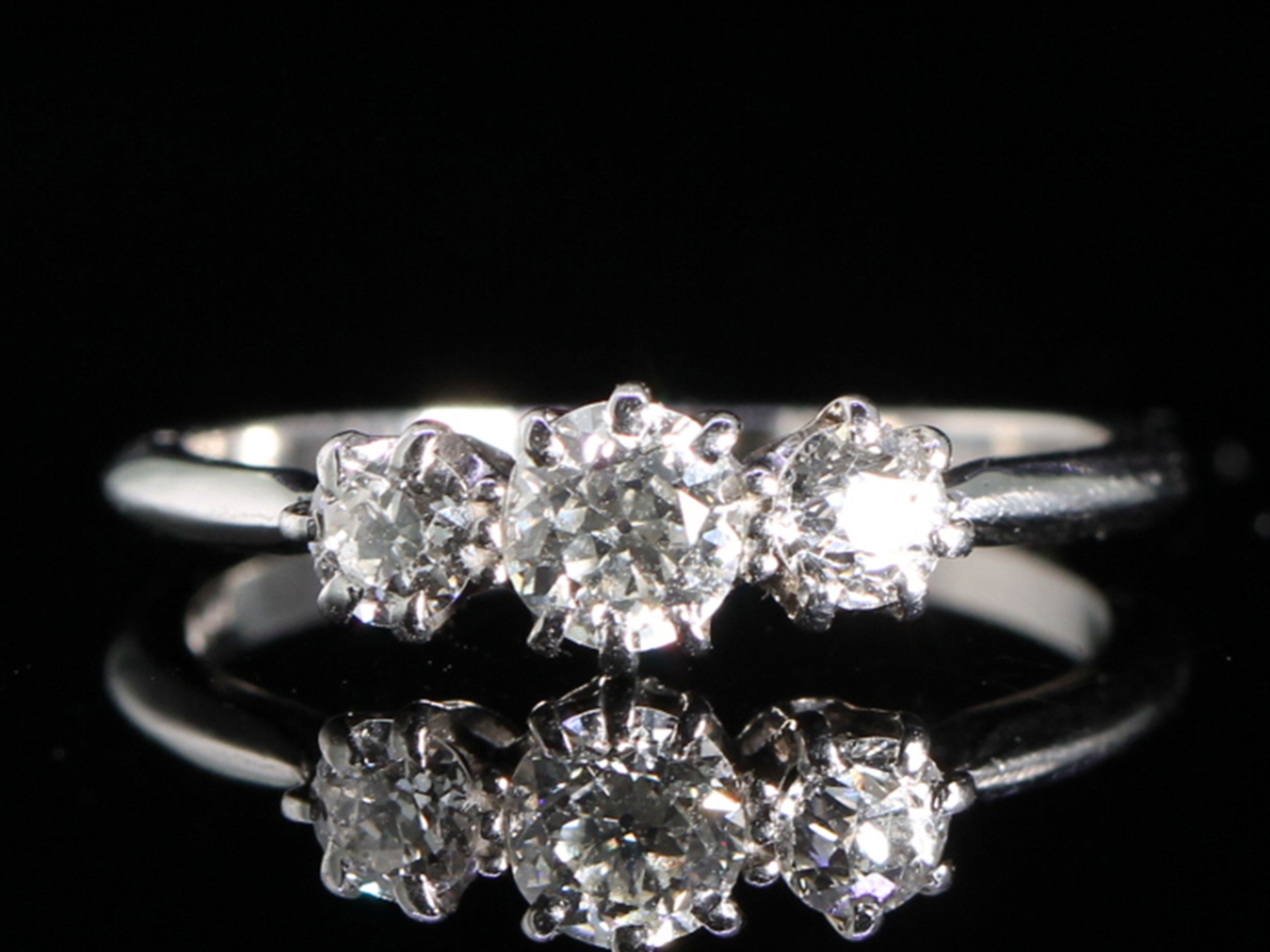 Art deco old mined hand cut diamond trilogy platinum ring