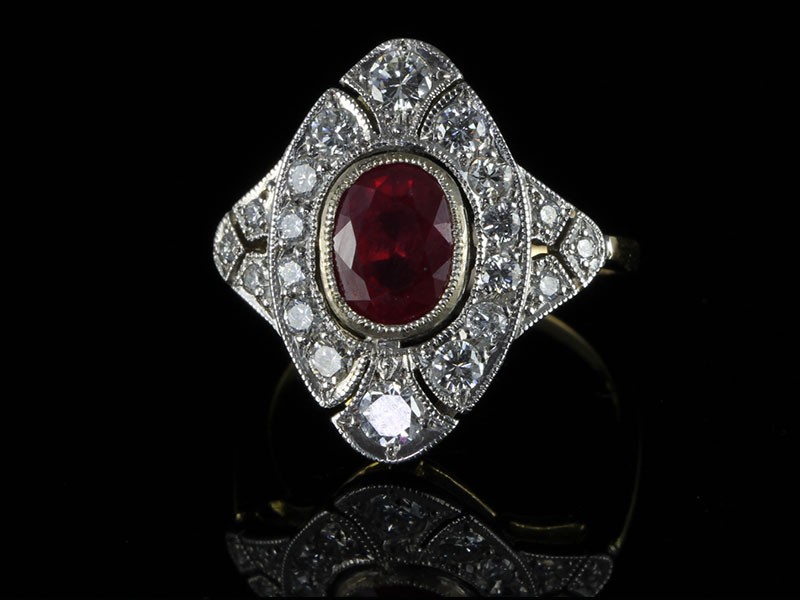Beautiful art deco inspired ruby and diamond 18ct gold ring