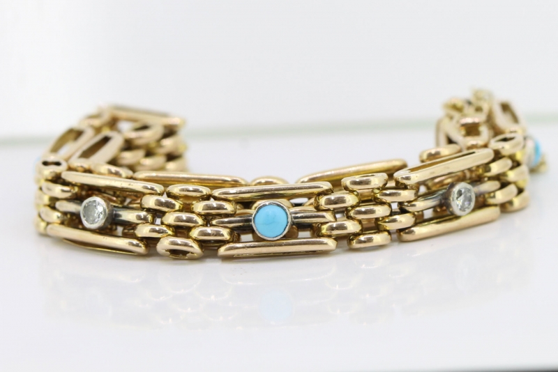 Gorgeous edwardian diamond and turquoise 15 carat gold bracelet