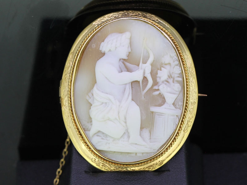 Stunning victorian bull mouth shell cameo brooch 9 carat gold frame