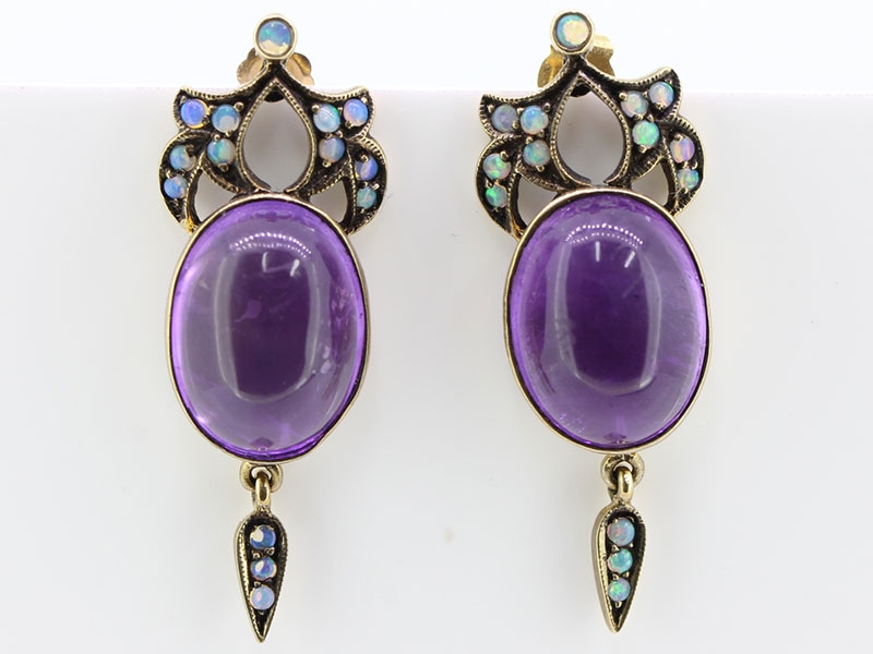 Lovely inspired victorian cabochon amethyst and opal 9 carat gold earrings