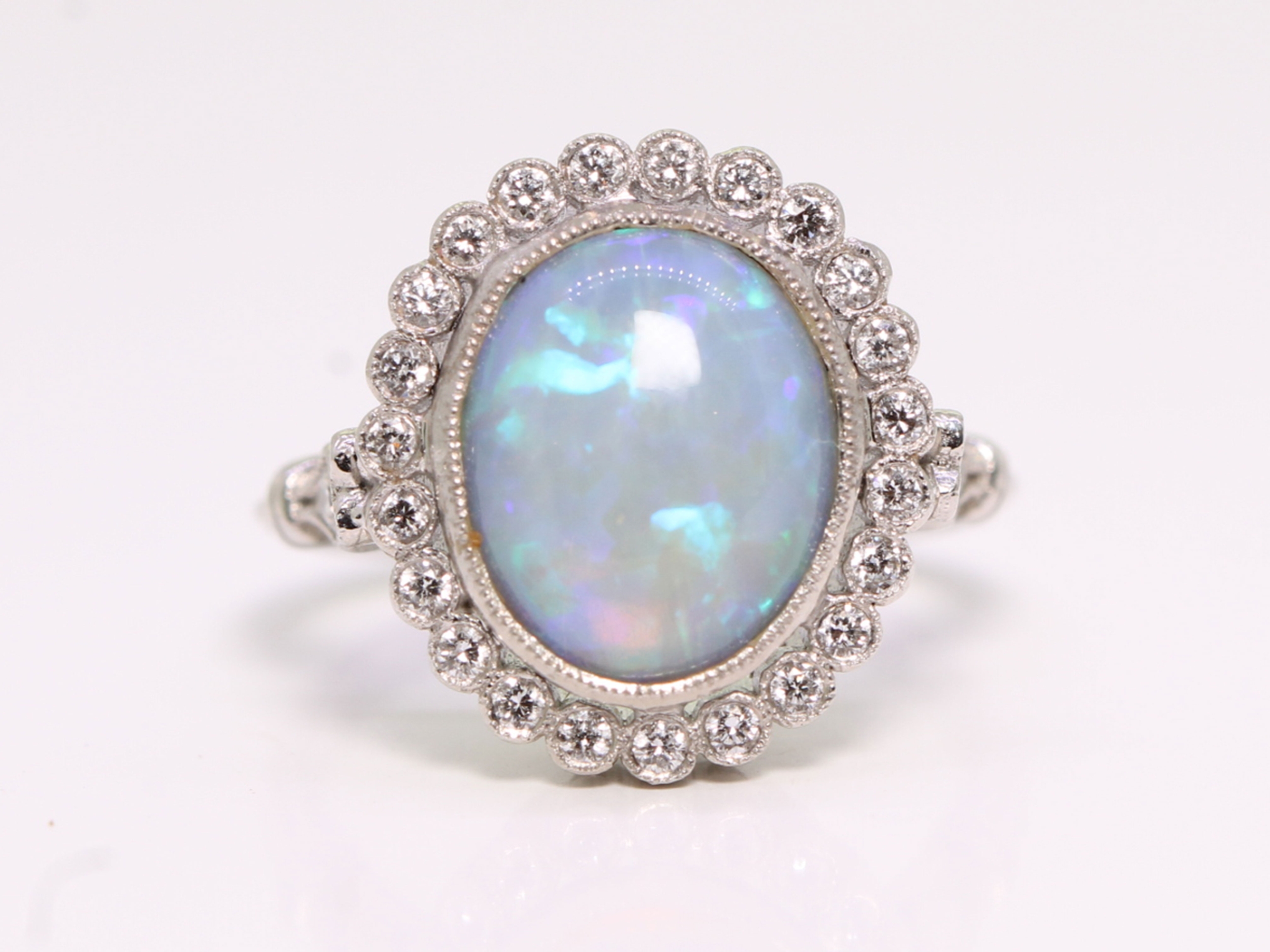 Vintage 3ct australian opal and diamond cluster platinum ring