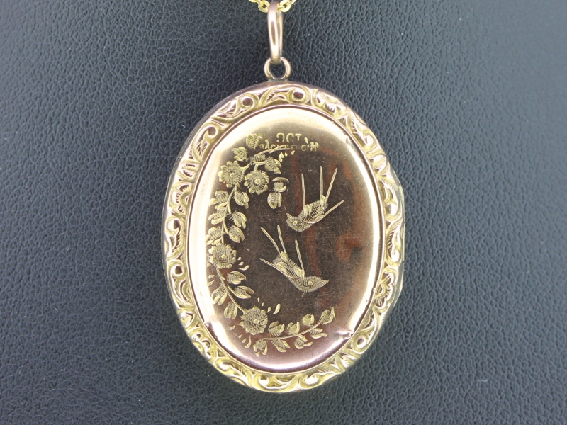 Fabulous edwardian 9 carat gold bird floral motif oval locket
