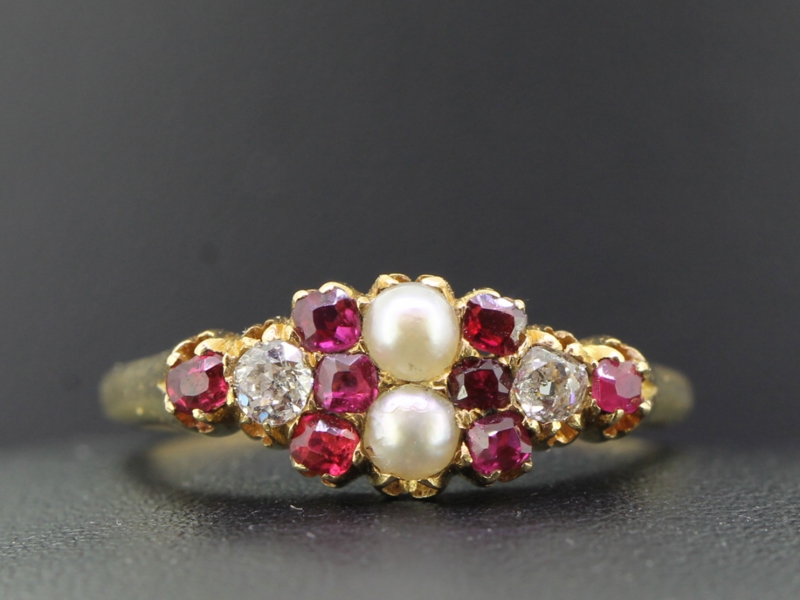 Stunning edwardain ruby natural pearl and diamond 18 carat ring