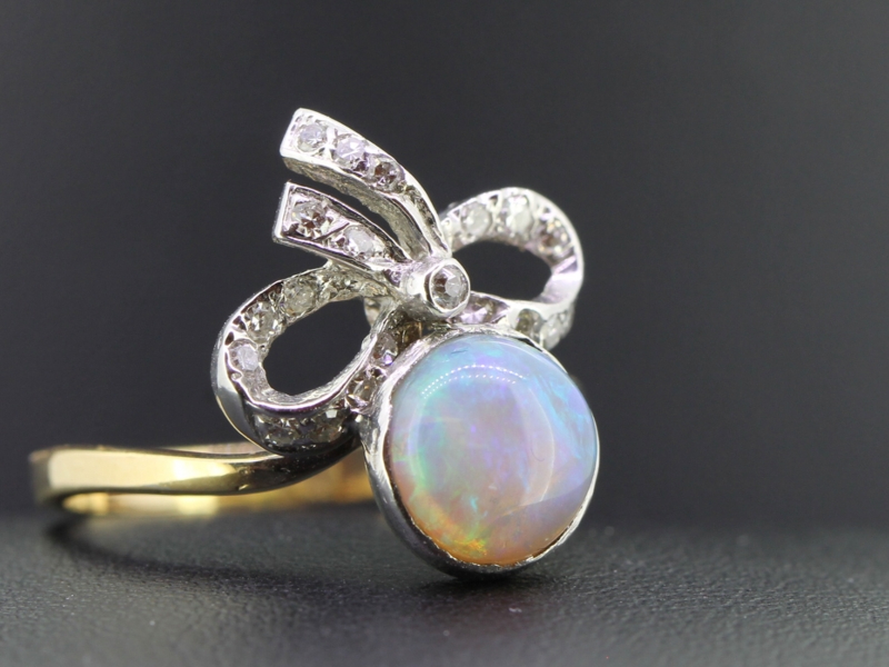  gorgeous victorian inspired opal and daimond bow topped 18 carat gold ring