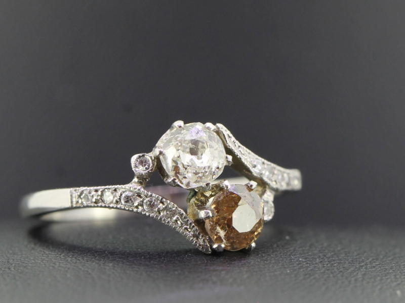  elegant two stone diamond platinum ring on a twist