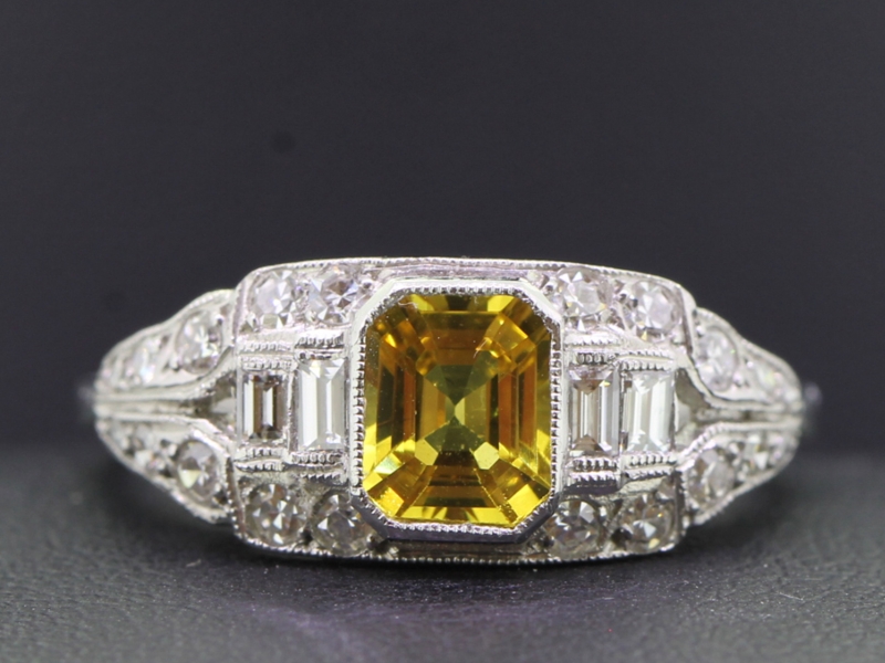 Beautiful art deco inspired yellow sapphire and diamond platinum ring