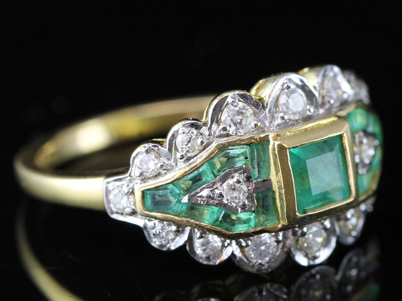 Stunning art deco inspired emerald and diamond pave set 18 carat gold ring