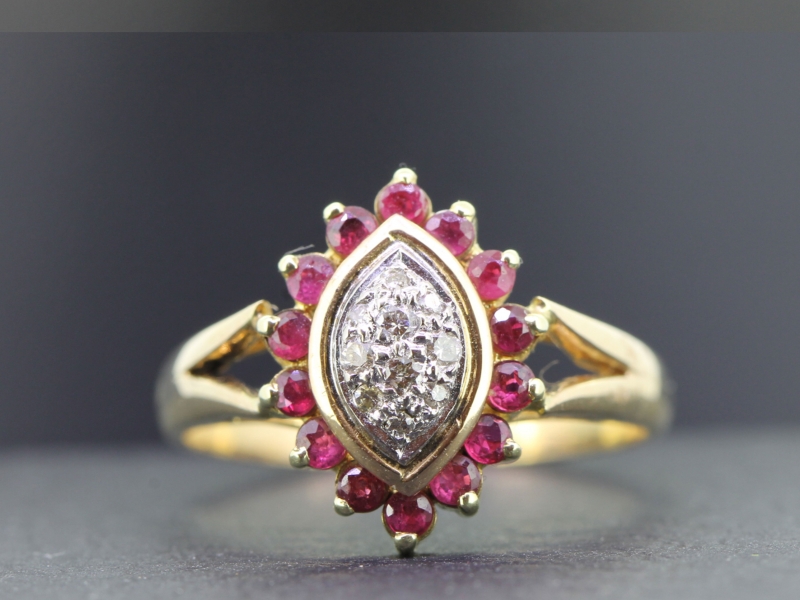 Unique ruby and diamond navette 9 carat gold ring