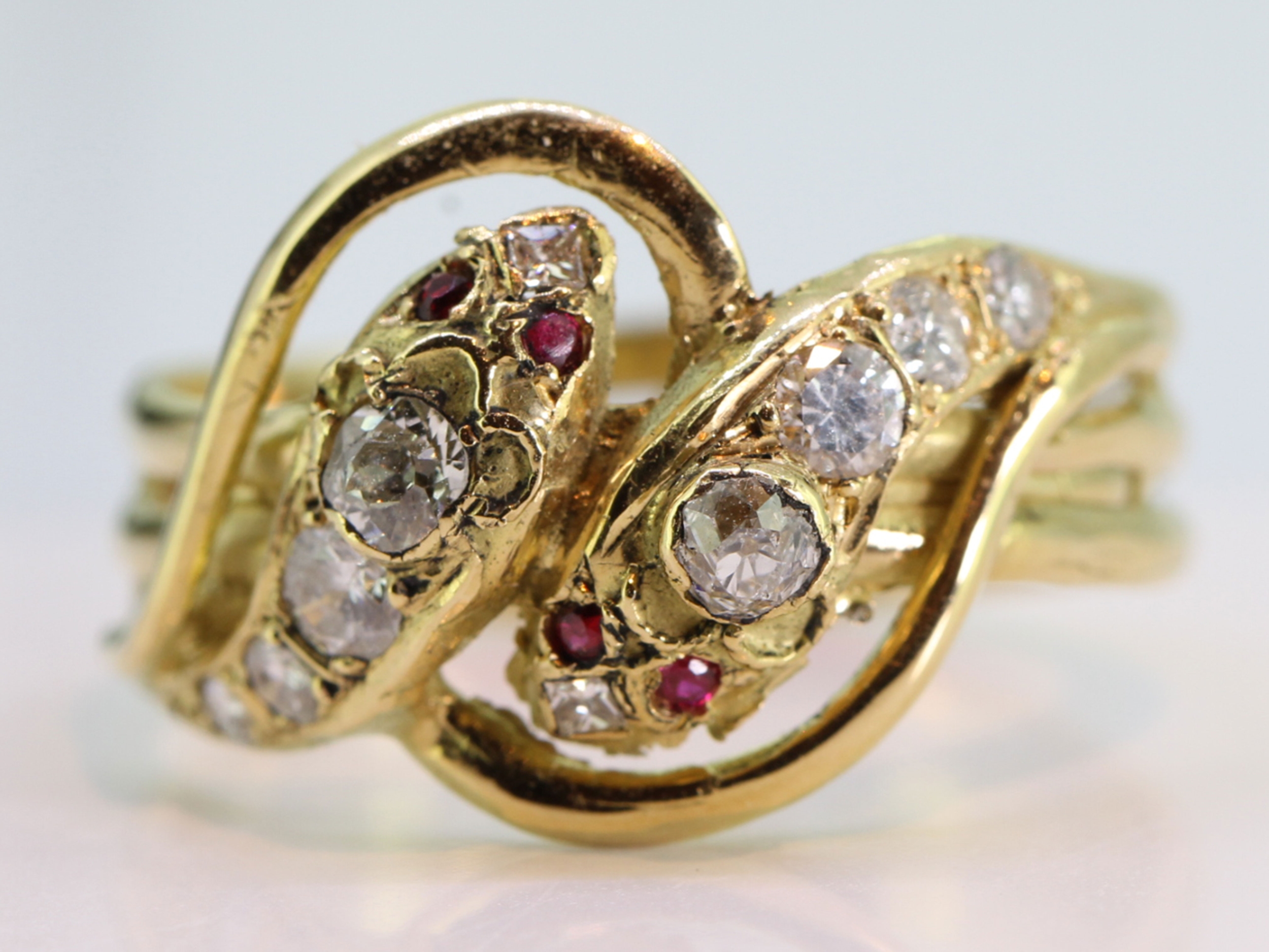 Beautiful ruby and diamond edwardian 18 carat gold double snake ring