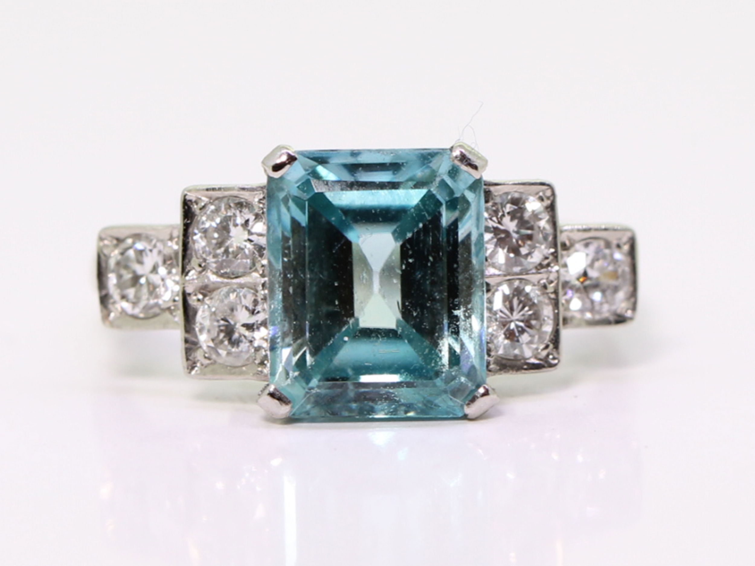 Art deco style natural blue zircon and diamond platinum ring