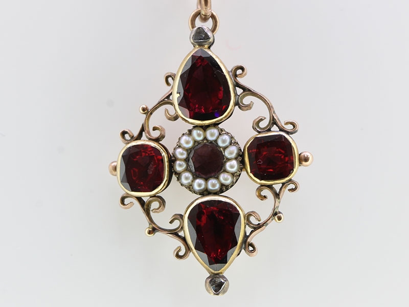   wonderful 9 carat gold georgian garnet, pearl and diamond pendant/pin