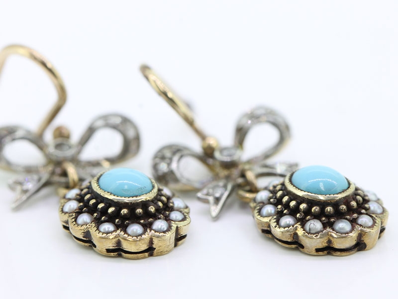 Sophisticated diamond, seed pearl and turquoise 9 carat gold earrings
