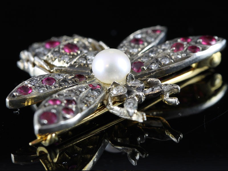 Fabulous natural ruby, pearl and diamond butterfly silver/gold brooch