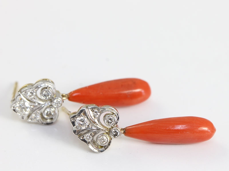 Beautiful vintage art deco inspired coral and diamond 18 carat gold earrings