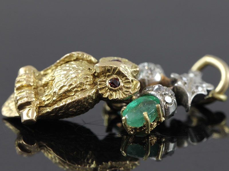 wonderful ruby, diamond, emerald 9 carat gold owl pendant