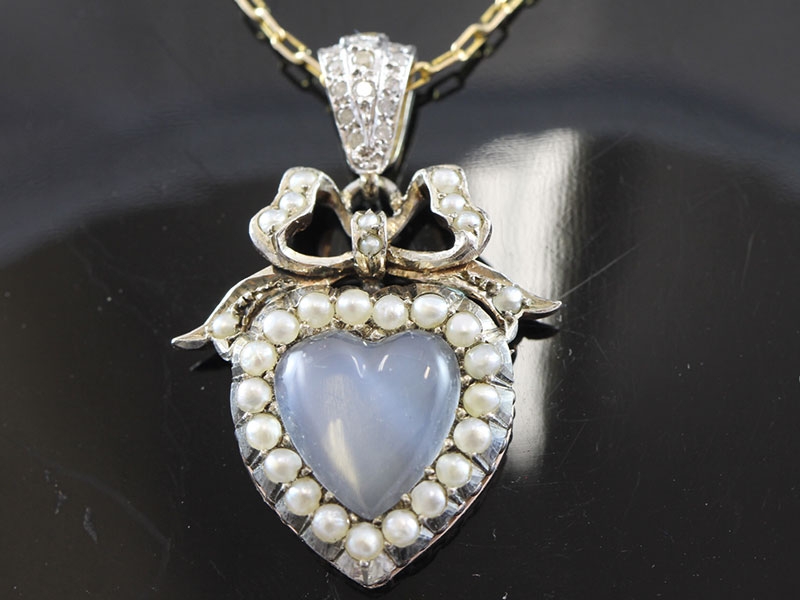  romantic moonstone, pearl and diamond silver pendant and gold chain